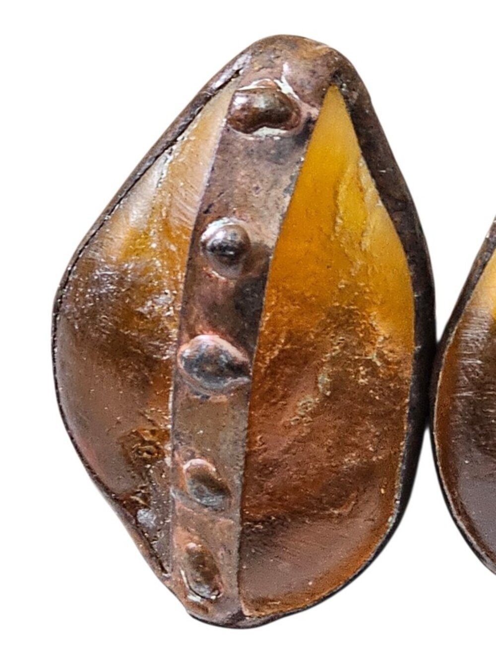 Vintage Amber Lucite Clip-On Earrings Copper Tone Rivet Industrial Style Mid-Cen - Picture 4 of 15